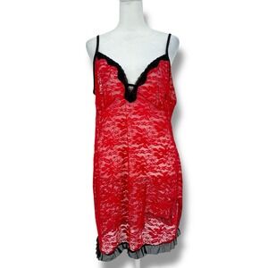 Secret Treasures Red Lace Babydoll Slip Dress XL Sheer Y2K Coquette Lingerie